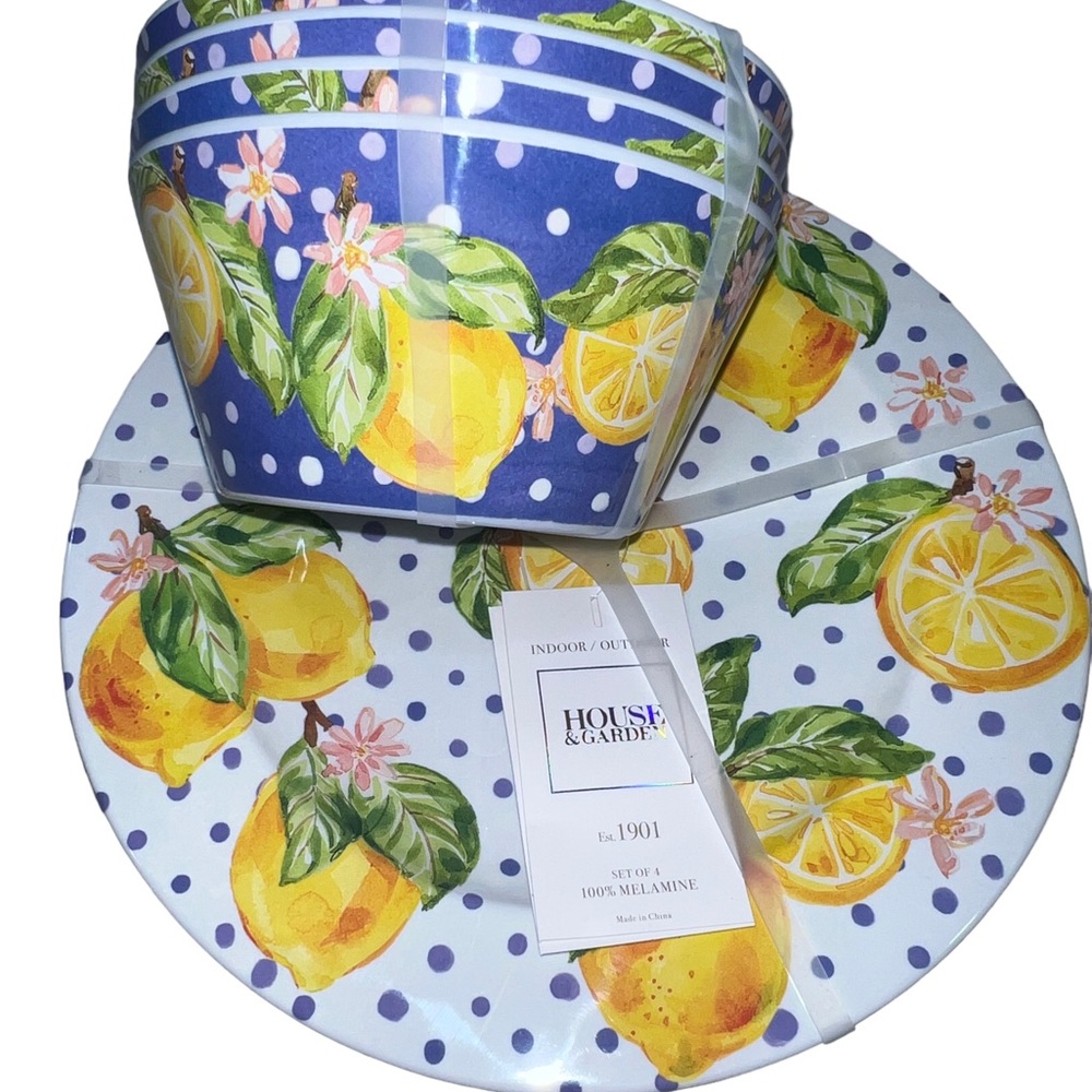 New Set of 8 House & Garden Lemon Polka Dot 4 Dinner plates 4 Soup Cereal Bowls